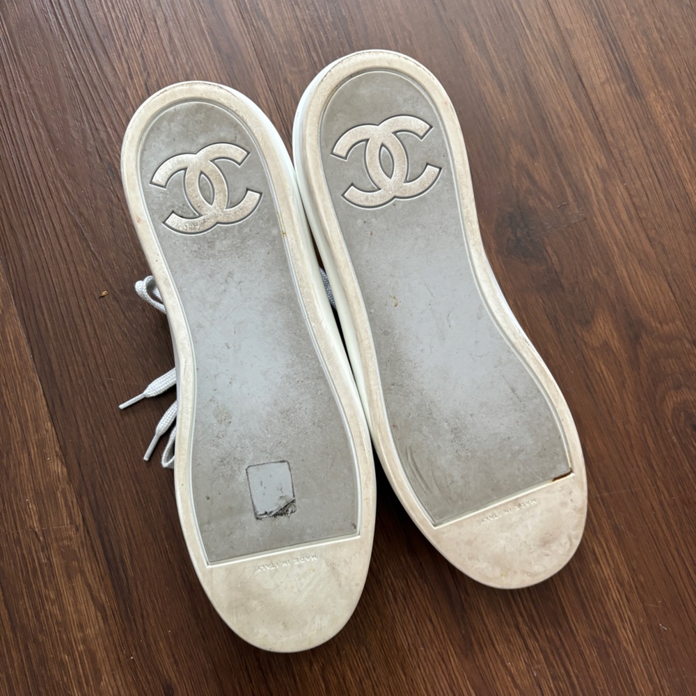 Chanel Interlocking CC Leather & Rubber White Silver Wedge Sneakers Trainers - Picture 8 of 15